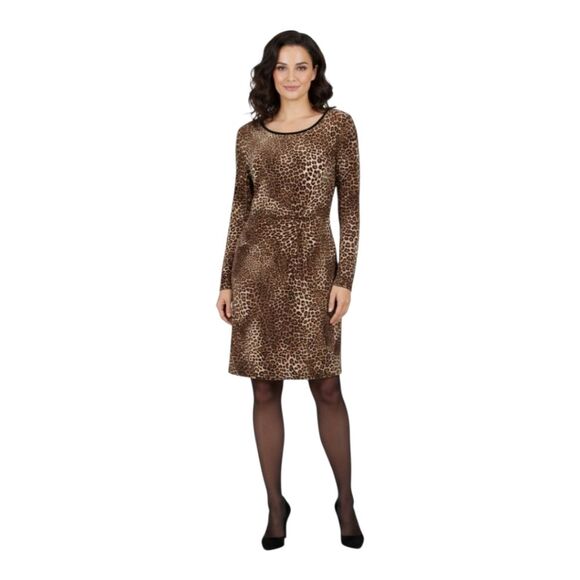 Cache Leopard Print Bodycon Dress Made in USA Large Lined Stretchy Long Sleeves - Picture 1 of 16